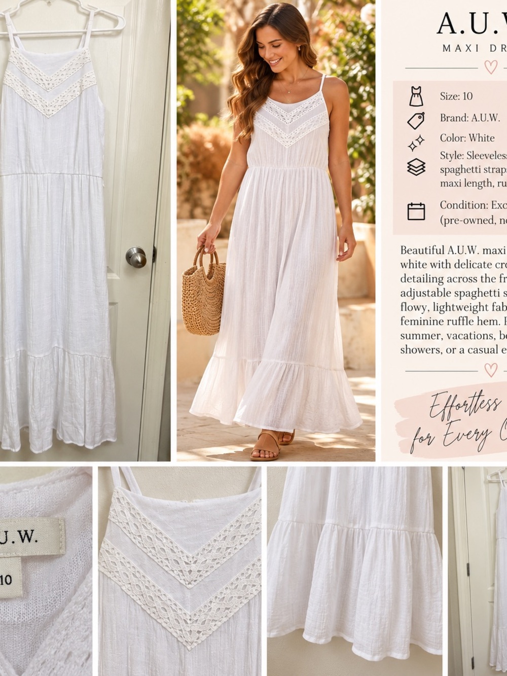 AUW White Crochet-Trim Maxi Dress